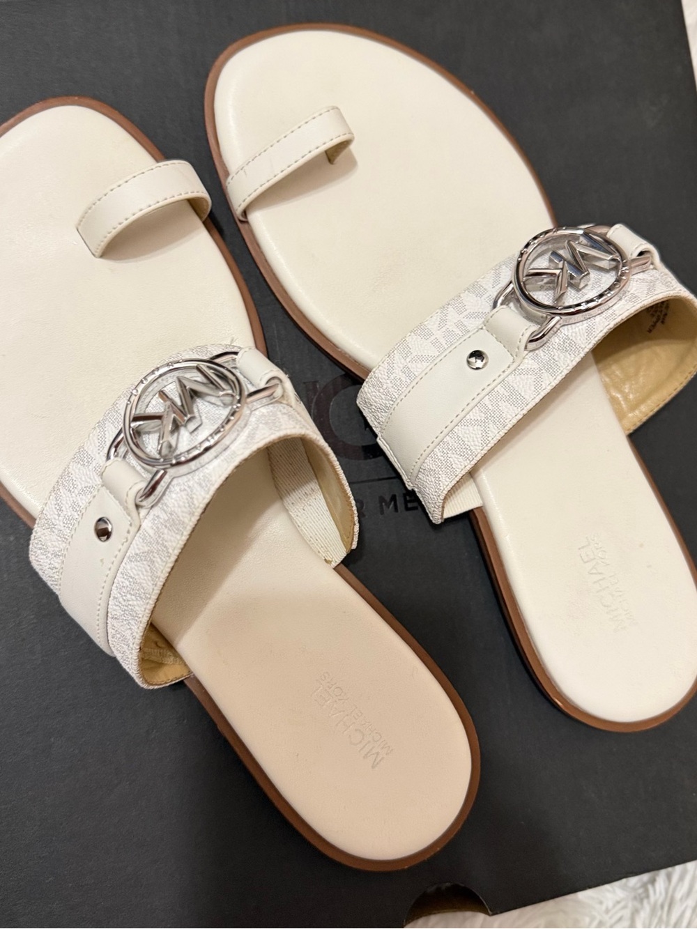 MICHAEL Michael Kors Cream Slide Sandals with Silver MK Emblem